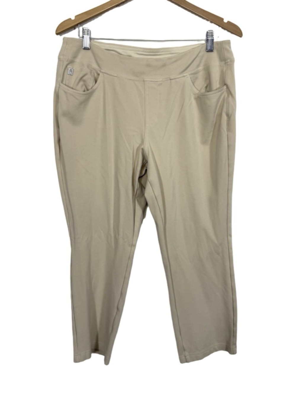 Belle by Kim Gravel Ponte Ankle Pants Sz 12 Beige Tan Pull On Stretch Cropped